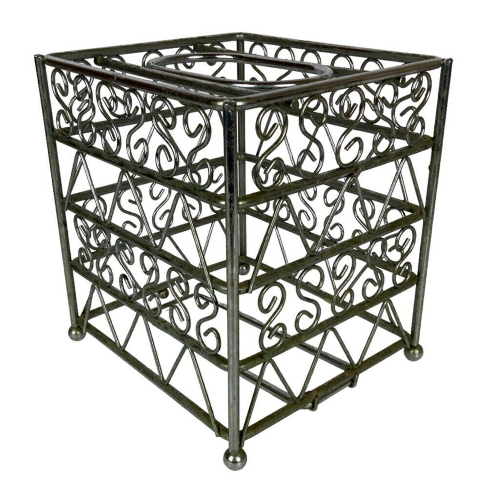 Vintage Metal Tissue Box Cover Square Silver Chrome Scroll Design Bathroom Decor